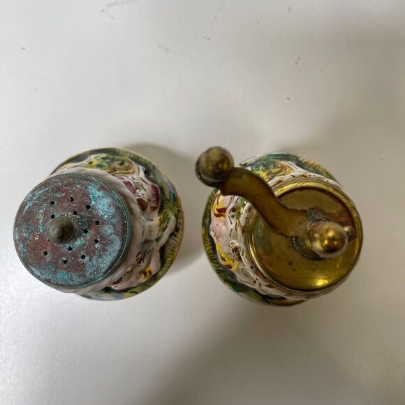 Vintage Salt Shaker And Pepper Grinder Set Porcelain and Brass Made In Italy - Picture 5 of 16